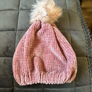 Pink Knitted Beanie with Faux Fur Pom
